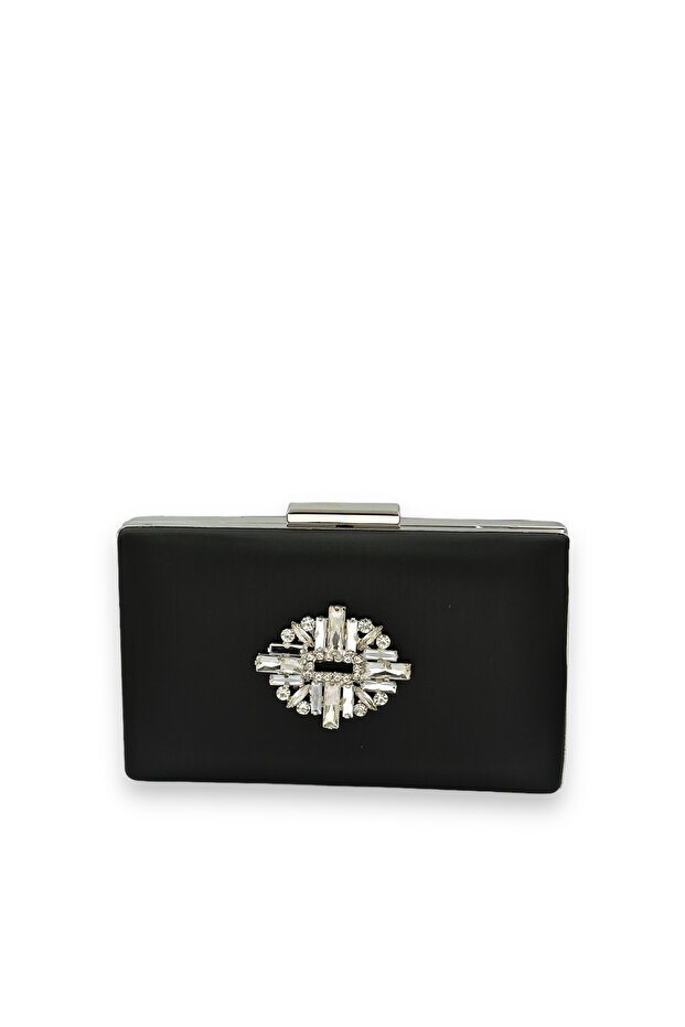 Black Color Non-Scratch Satin Silver Stone Evening Dress Bag