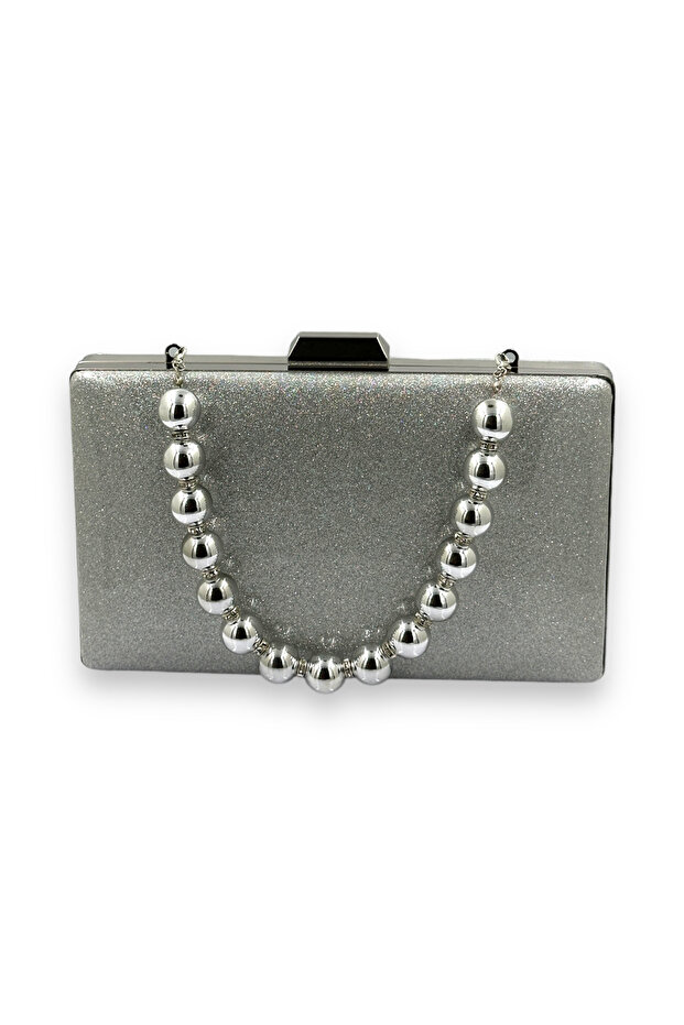Silver Kumsim Imported Evening Dress Bag with Silicone Coated Pearl Strap Evening Bag Henna