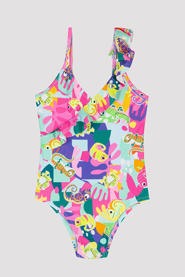 Girl's Tropical Ruffle Colorful Swimsuit