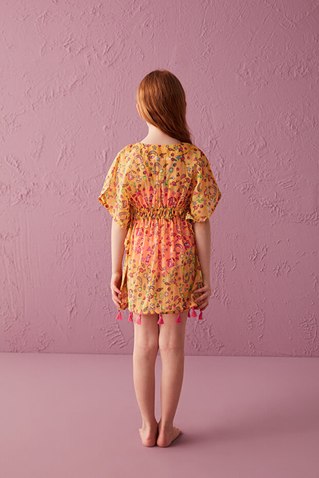 قفطان مطبوع أساسي بنمط اليونيكورن البرتقالي للفتيات - 6