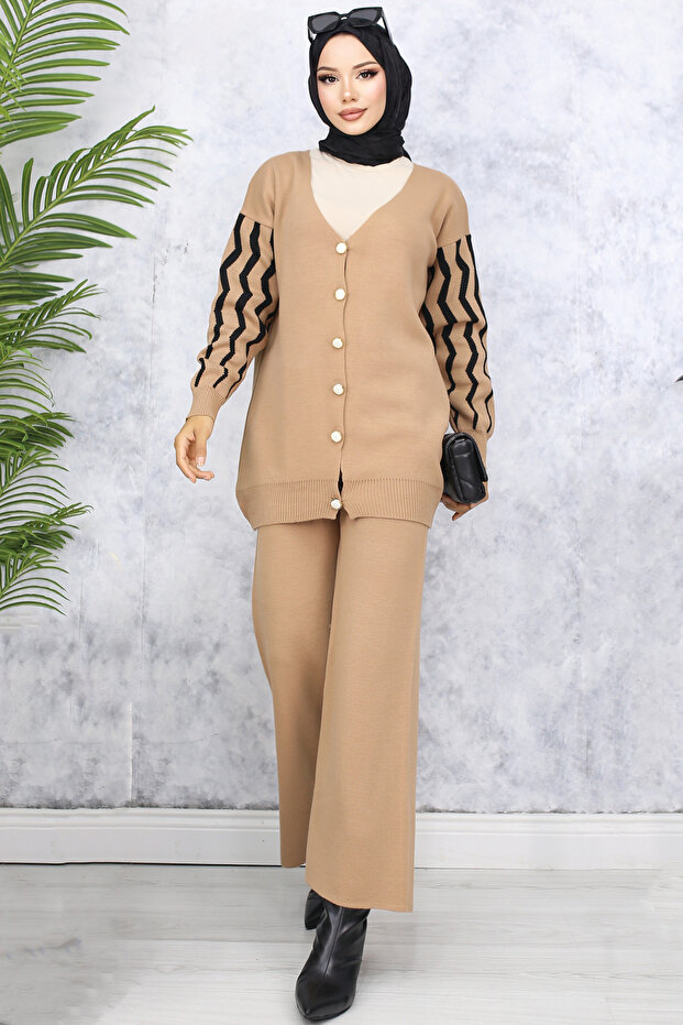 4064 Knitted Sweater Set with Patterned Sleeves Mink
