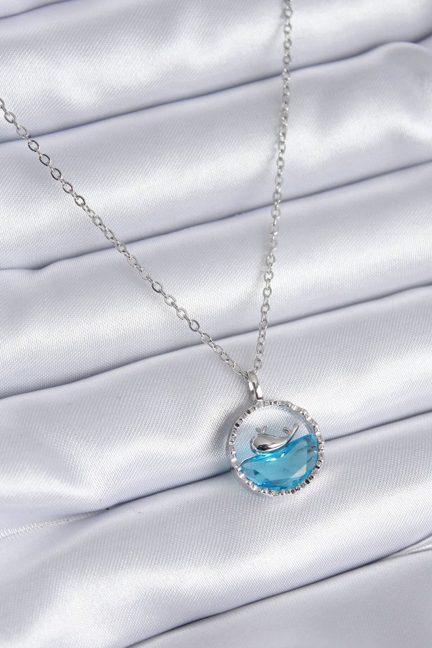 316L Steel Silver Color Blue Crystal Stone Whale Model Women's Necklace