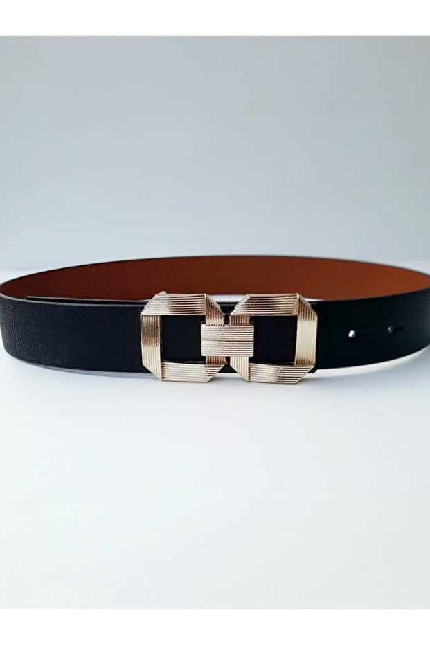 Kadın Gold Tokalı Çift Yönlü Siyah-taba Kemer - 1