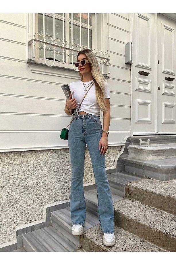 Capella Mavi Kar Yıkama Kot Yüksek Bel Likralı İspanyol Paça Jeans Kot Pantolon - 3