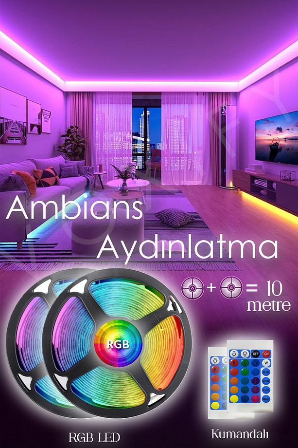 2'li Set RGB Duvar Tavan Şerit Led Işık Ambiyans & Sabit 16 Renk Kumandalı Yapışkanlı 10 Metre - 1