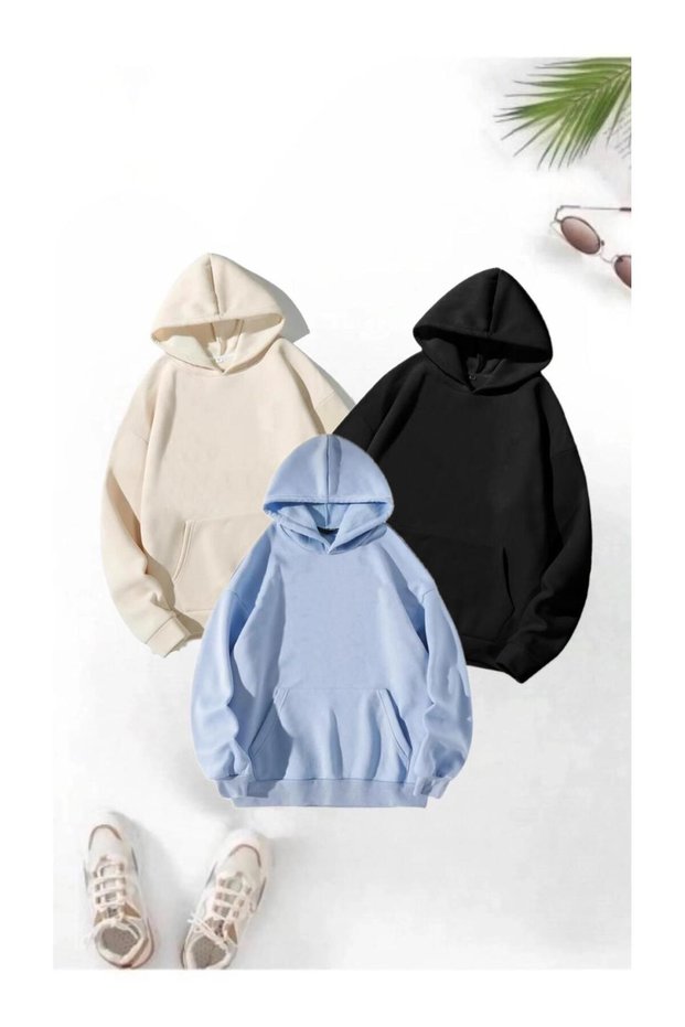 Set of 3 Unisex Oversize Hooded Sweatshirt - Plain Unprinted