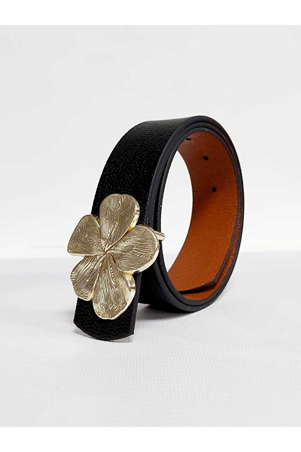 Kadın Gold Tokalı Çift Yönlü Siyah-taba Kemer - 3