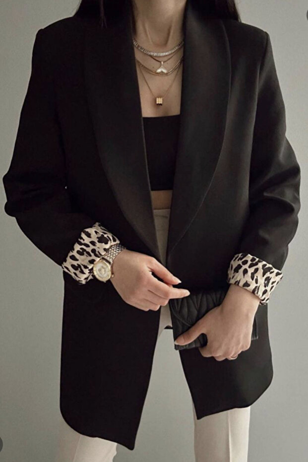 Leopard Patterned Shawl Collar Lining Jacket - 9227 - 1