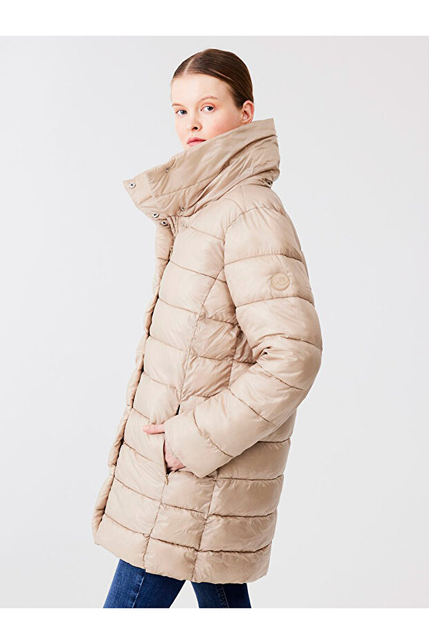 Kapüşonlu Şişme Bej Mont - 4