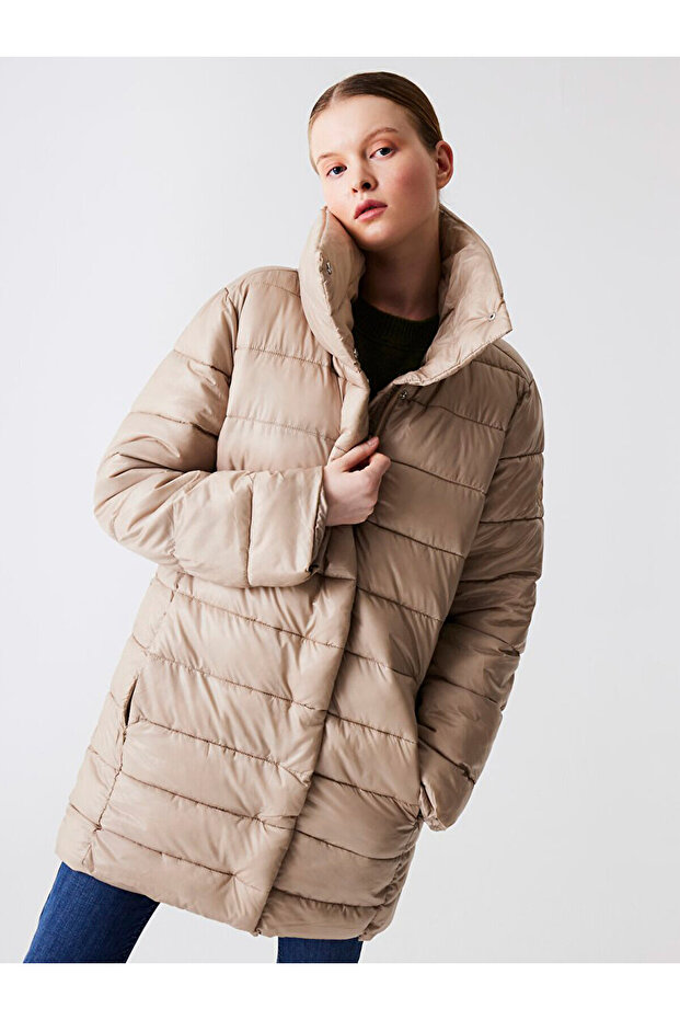 Kapüşonlu Şişme Bej Mont - 2