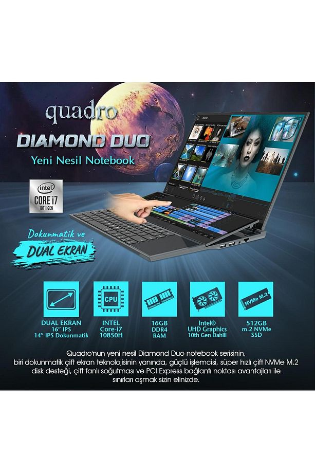 Diamond Duo DS1630 i7-10850H 16GB 512GB SSD O/B UHD 16" IPS + 14" IPS Dokunmatik DOS Notebook - 2