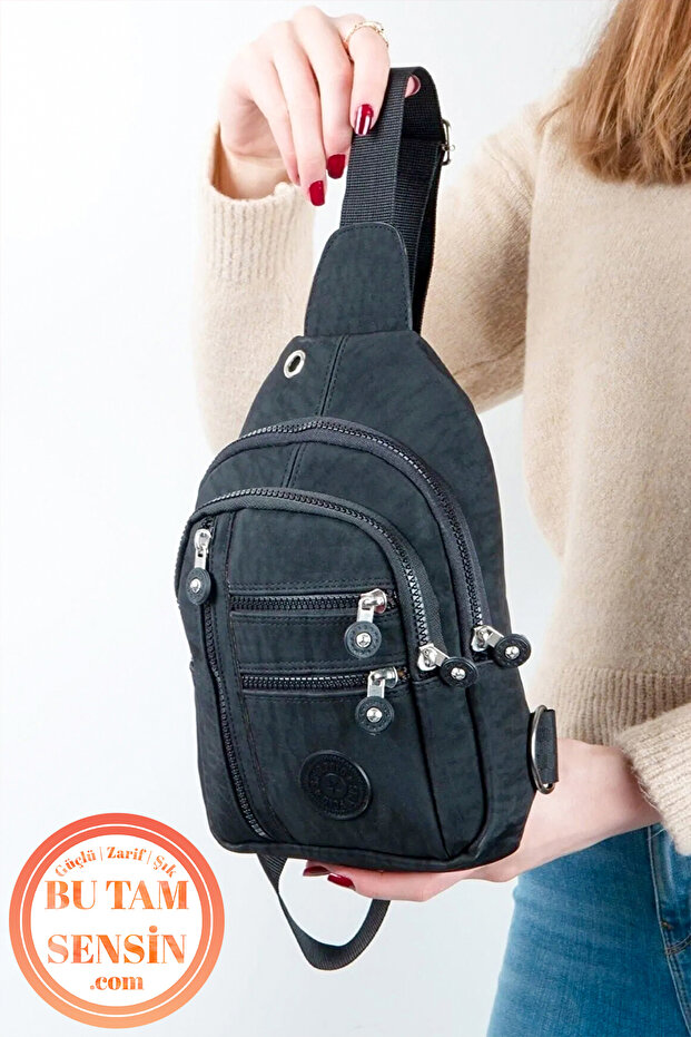 Bu Tam Sensin Siyah Unisex Su Geçirmez Krinkıl Kumaşlı Fermuarlı 5 Bölmeli Çapraz Body Bag Vücut Çantası
