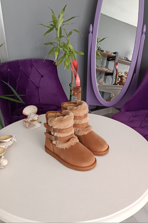 Tan Suede Double Belted Medium Size Children's Boots with Fur on the Outside and Fur on the Inside