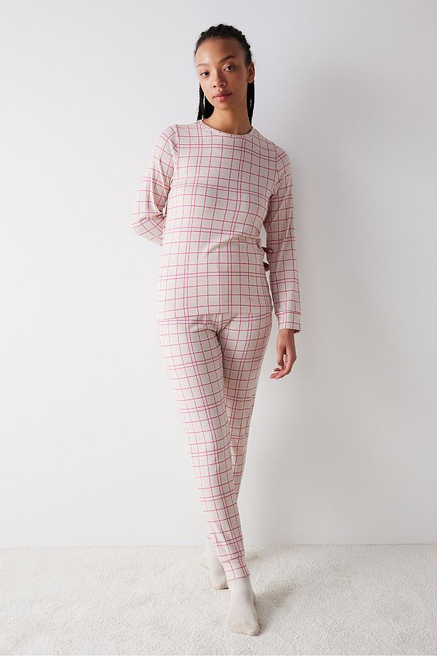 Checked Gri Pantolon Pijama Takımı - 1