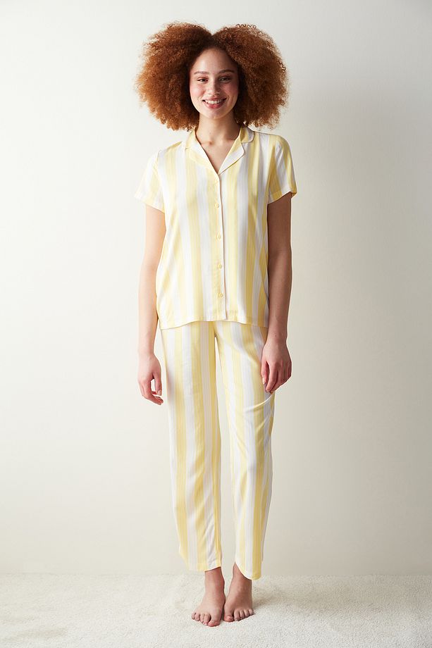 Base Spring Sarı Düğmeli Gömlek Pantolon Pijama Takımı - 1