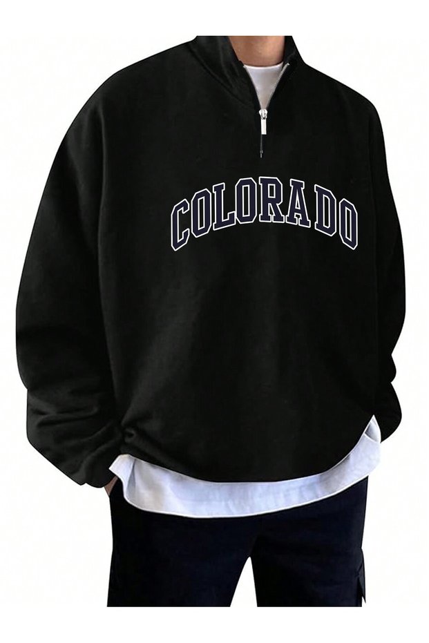 3 Thread Colorado Half-Zip Sweatshirt - Black Printed Oversize Stand Collar