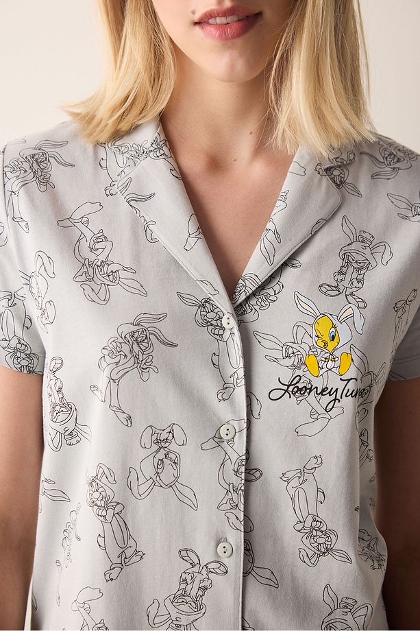 Pamuklu Tweety Açık Gri Gömlek Pantolon Pijama Takımı - 4