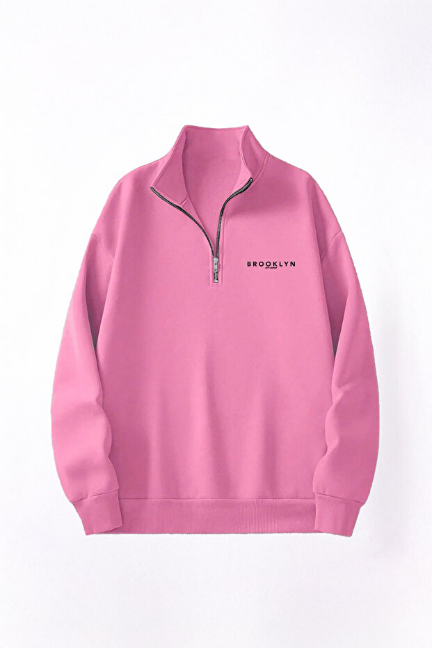 Brooklyn Summer Half Zipper Sweatshirt - Pink Printed Oversize Stand Collar