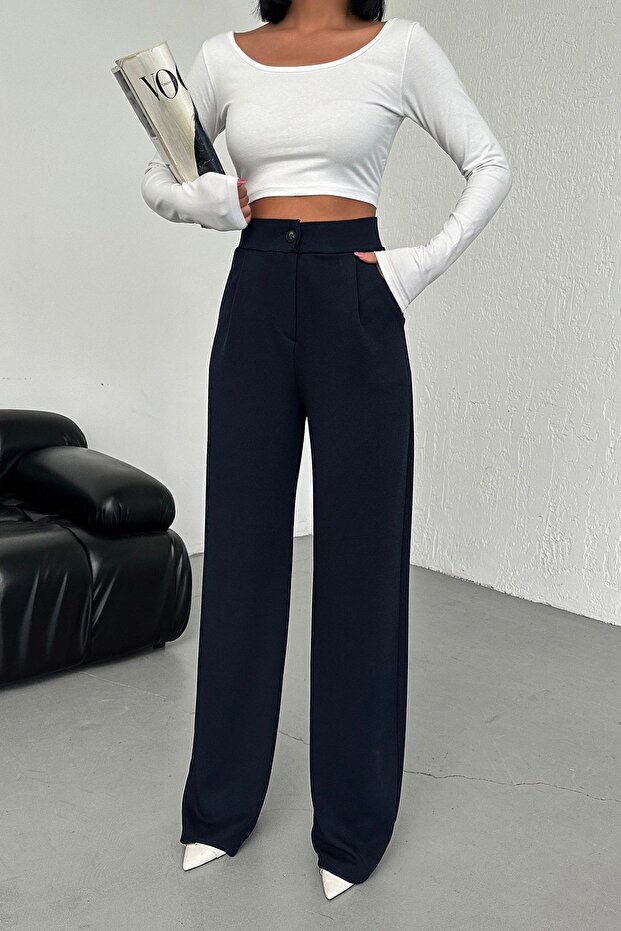 Women's Navy Blue High Waist Pleated Buttoned Lycra Stretch Fabric Oversize Comfortable Fit Palazzo Pants