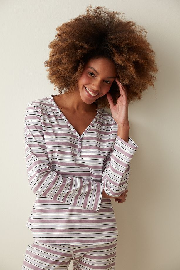 Mix Stripe Details Tişört Pijama Üstü - 1