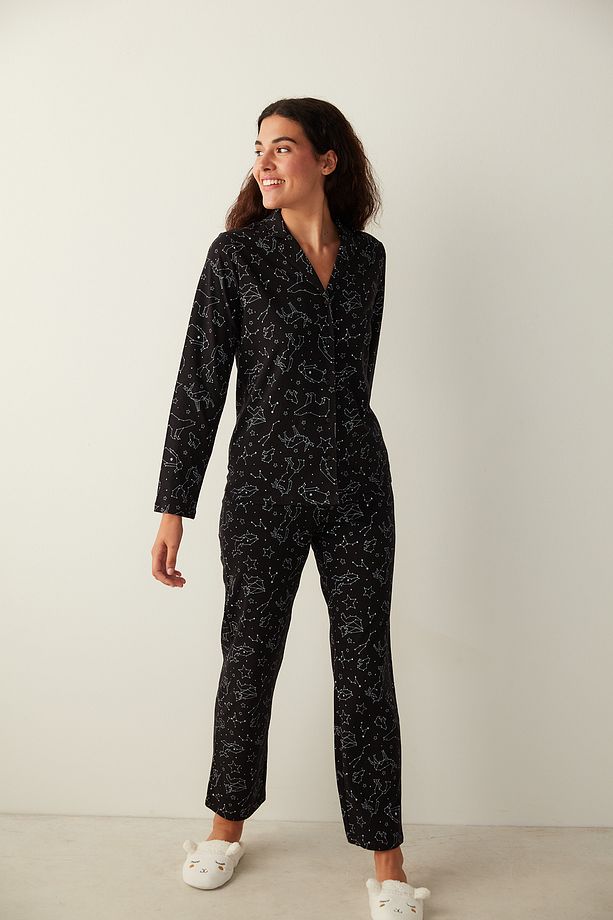Siyah Base Constellation Gömlek Pantolon Pijama Takımı - 1