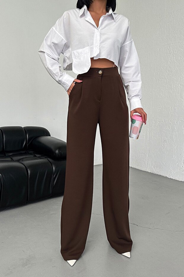 Women's Brown High Waist Pleated Buttoned Lycra Stretch Fabric Oversize Comfortable Fit Palazzo Trousers