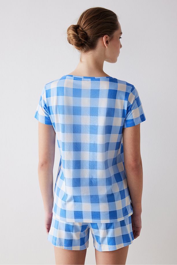 Blue Gingham Şortlu Pijama Takımı - 5