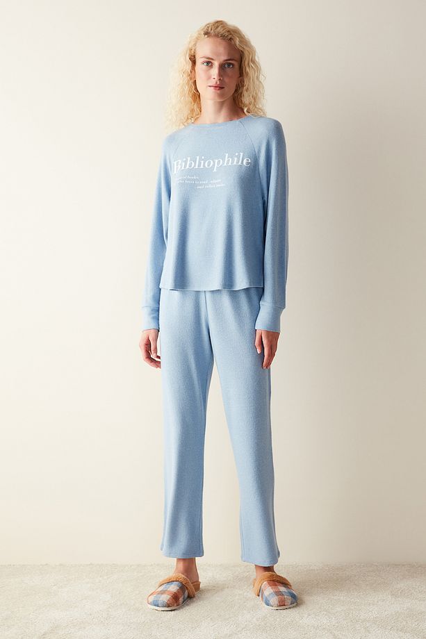Bibliophile Uzun Kollu Mavi Pijama Set - 2