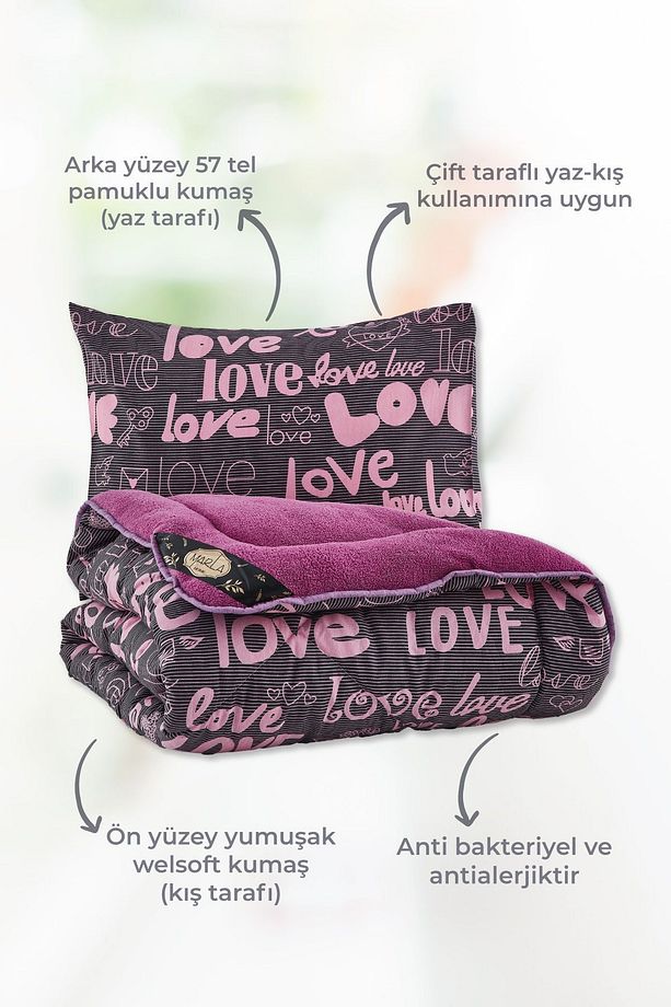 Love Desen Welsoft Pamuklu Çift Taraflı Pofuduk Tek Kişilik Uyku Seti - 3