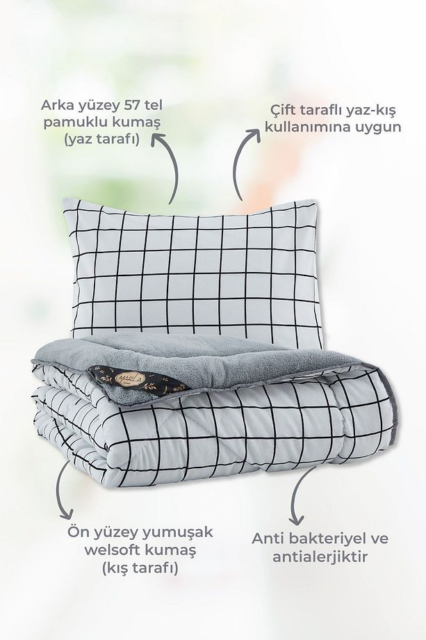 Line Desenli Çift Kişilik Çift Taraflı Welsoft Uyku Seti Wellsoft Battaniye Pofuduk Yumuşak Uyku Set - 3