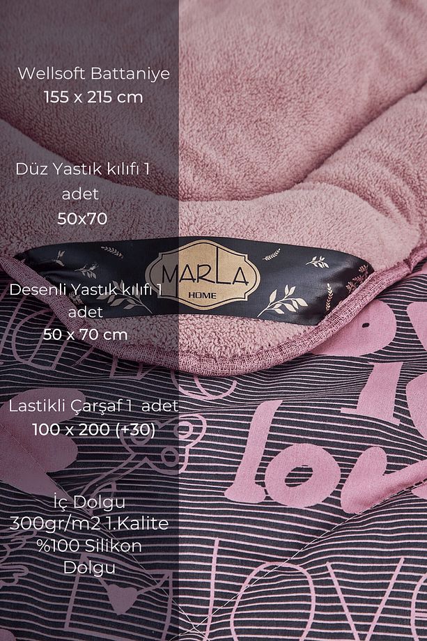 Love Desen Welsoft Pamuklu Çift Taraflı Pofuduk Tek Kişilik Uyku Seti - 2