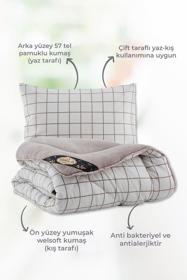 Line Desenli Çift Kişilik Çift Taraflı Welsoft Uyku Seti Wellsoft Battaniye Pofuduk Yumuşak Uyku Set - 3