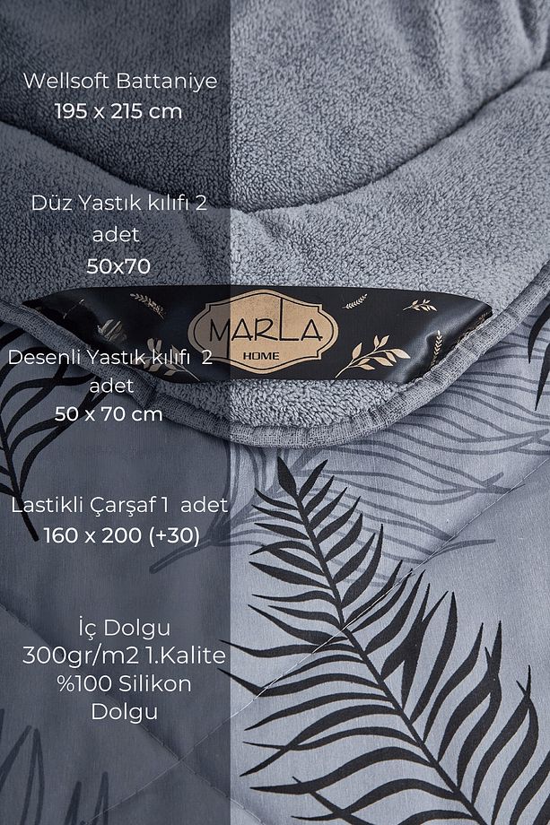Palm Desenli Çift Kişilik Çift Taraflı Welsoft Uyku Seti Wellsoft Battaniye Pofuduk Yumuşak Uyku Set - 2