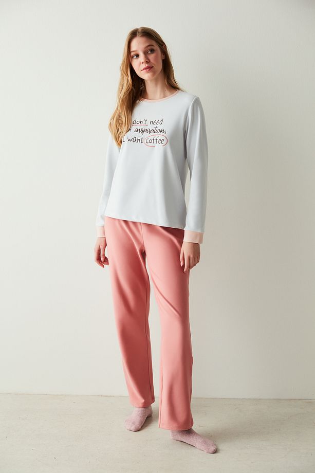 Gri Slogan Baskılı Termal Uzun Kollu Tişört Pijama Üstü - 4
