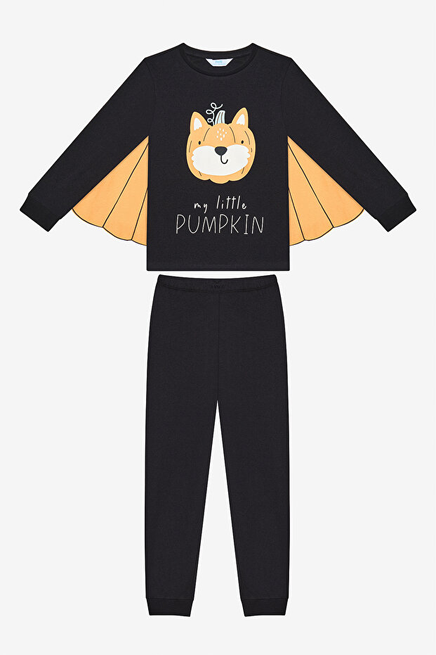 Cotton Unisex Children's Pumpkin Bear Antique Green Pajama Set