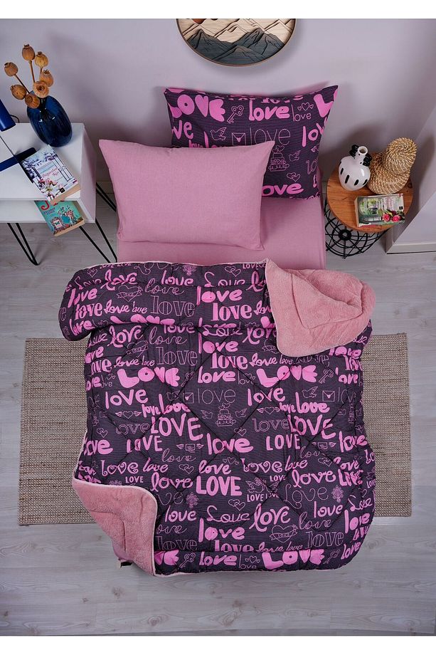 Love Desen Welsoft Pamuklu Çift Taraflı Pofuduk Tek Kişilik Uyku Seti - 1