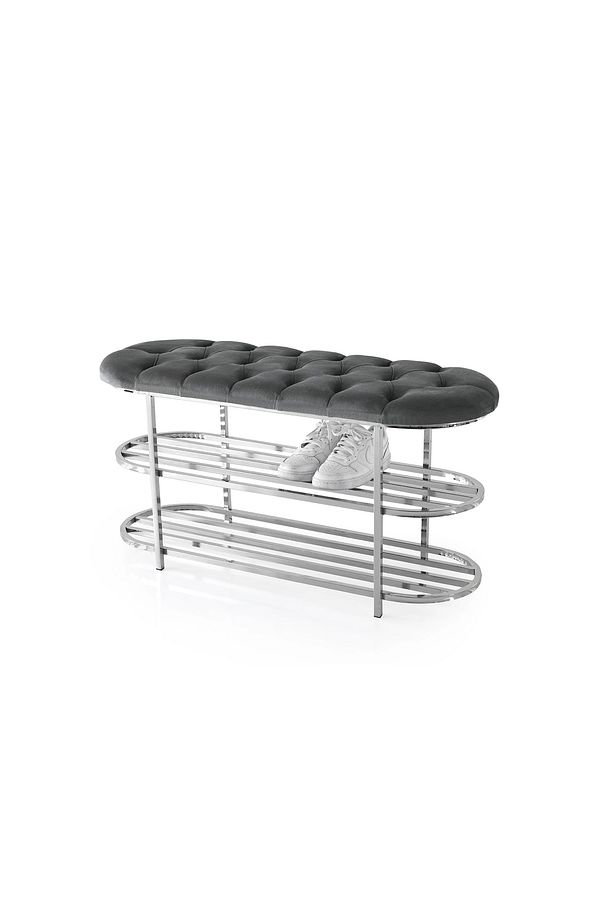 Kapitoneli Puf Bench Kapı Önü Metal Ayakkabılık Gri Pamir - 1