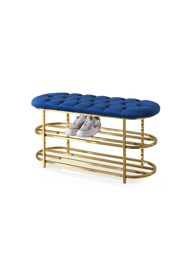 Kapitoneli Puf Bench Kapı Önü Metal Ayakkabılık Saks Mavi - 1