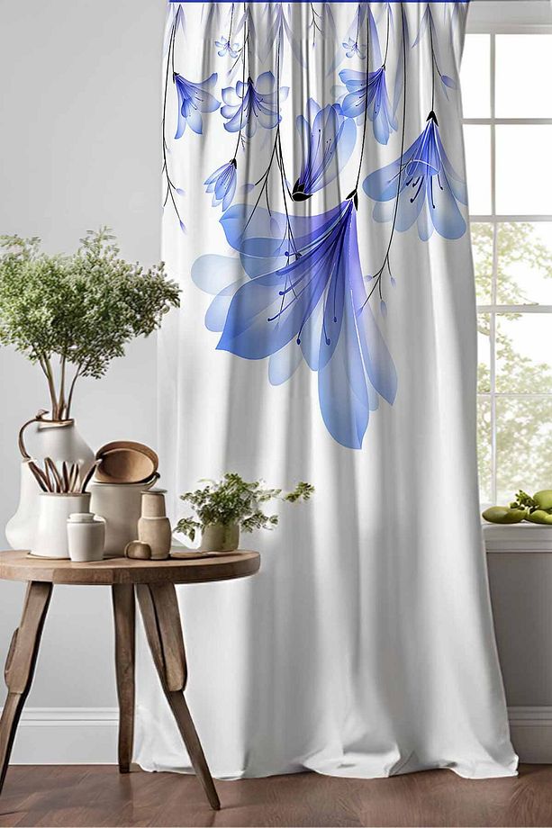 Mavi Çiçekli Desenli Djital Baskılı Yemek Odası Mutfak Fon Perde 140x260cm - 1