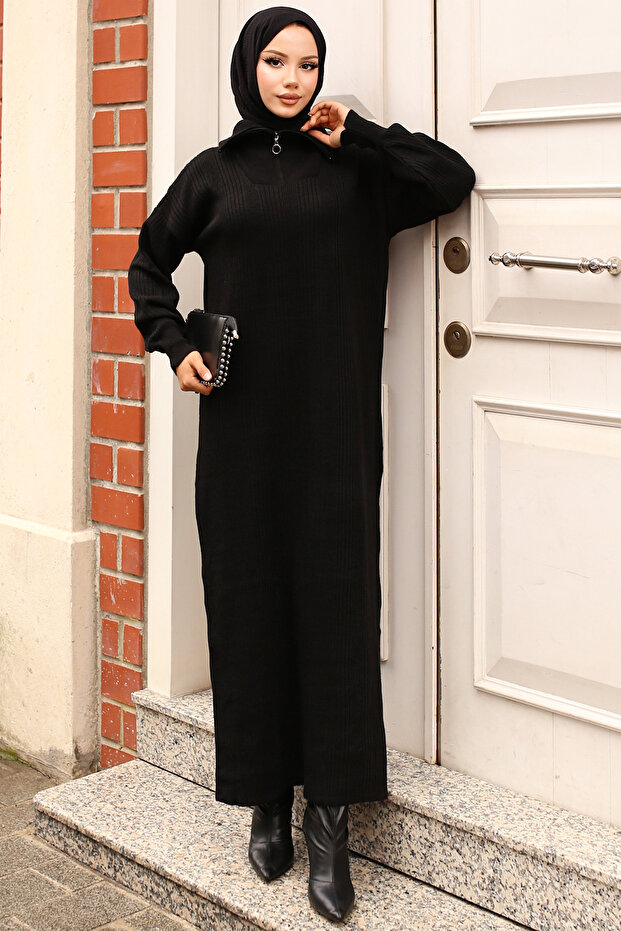 11028-09 Corded Knitwear Dress with Zippered Collar Black