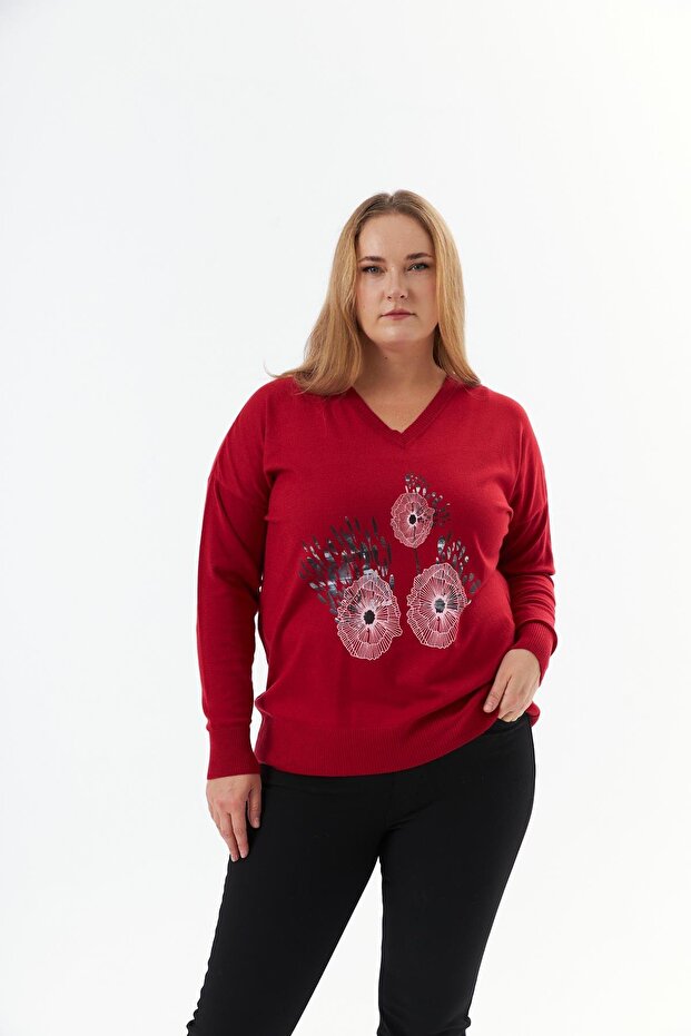 Plus Size Cashmere Blended V-Neck Printed Knitwear Sweater Red