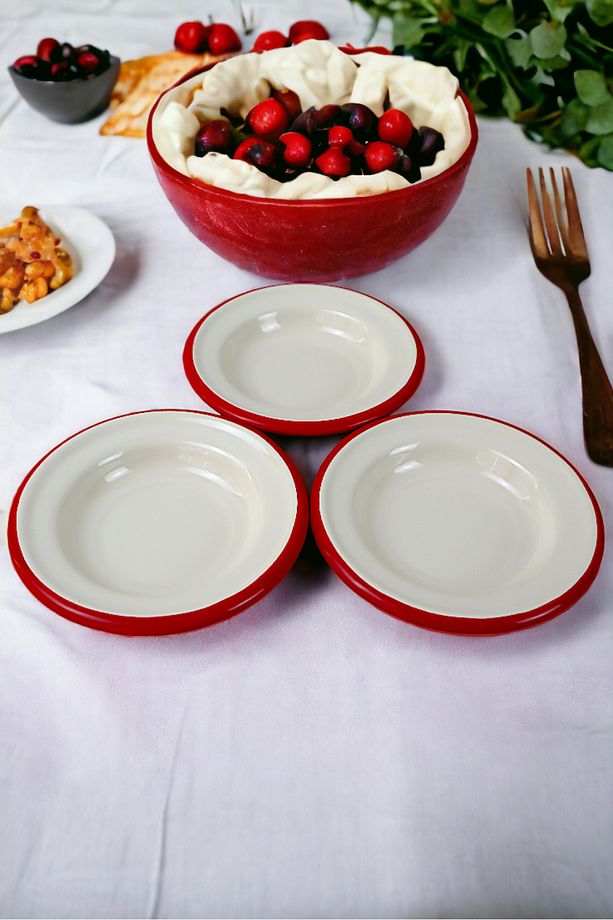 3 Parça 14Cm Emaye Tabak Set , Kahvaltı Tabağı, Reçellik, Zeytin, Peynir Tabağı, Çeyiz, Hediye - 6