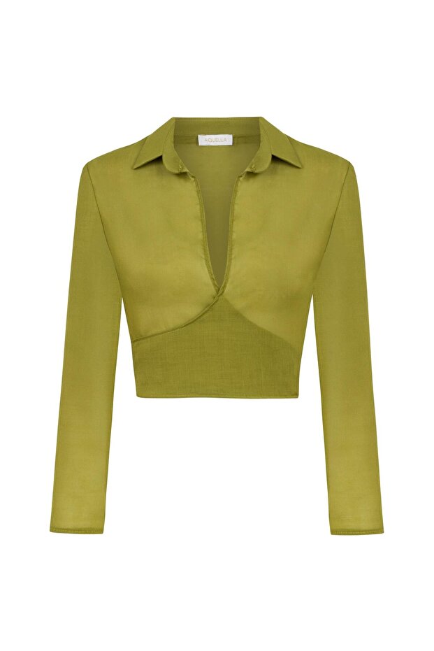 Shirt Collar Oil Green Tie-Back Crop Blouse