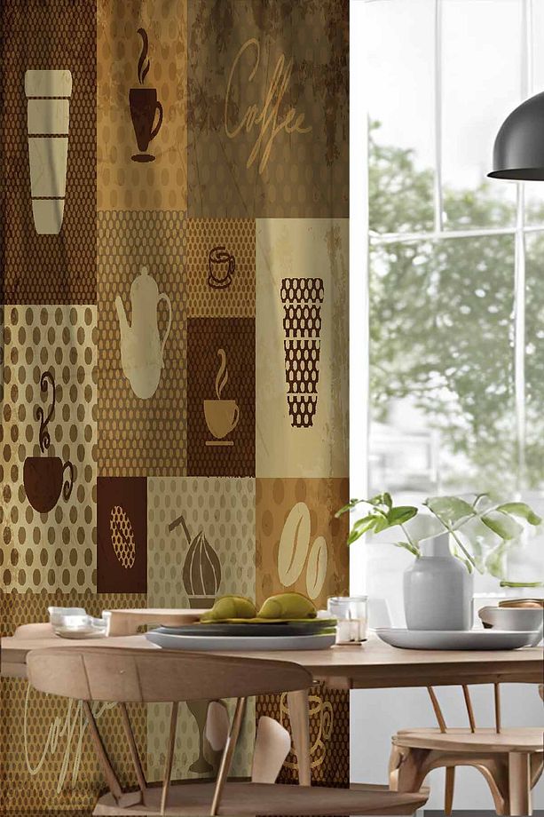 Siyah Sarı Kahve Yazılı Desenli Djital Baskılı Yemek Odası Mutfak Fon Perde 140x260cm - 2