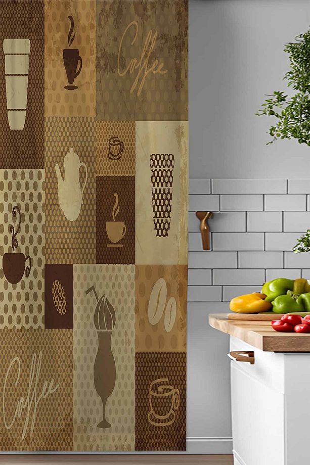 Siyah Sarı Kahve Yazılı Desenli Djital Baskılı Yemek Odası Mutfak Fon Perde 140x260cm - 3