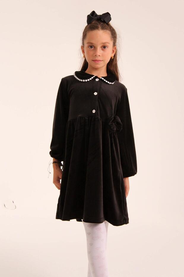 Elegant velvet button-down dress for girls - black