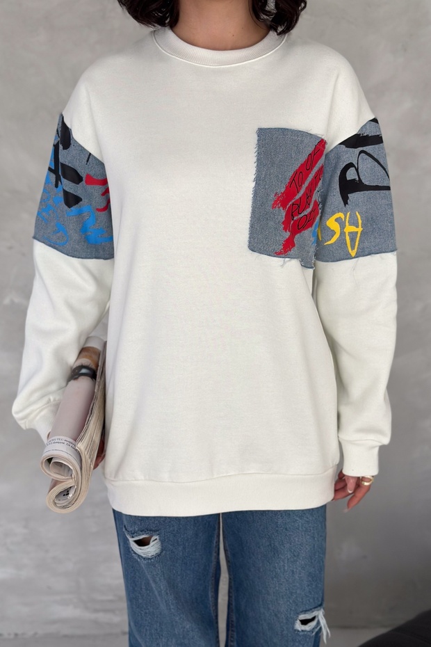 Women's White Denim Detailed Cotton Sweatshirt