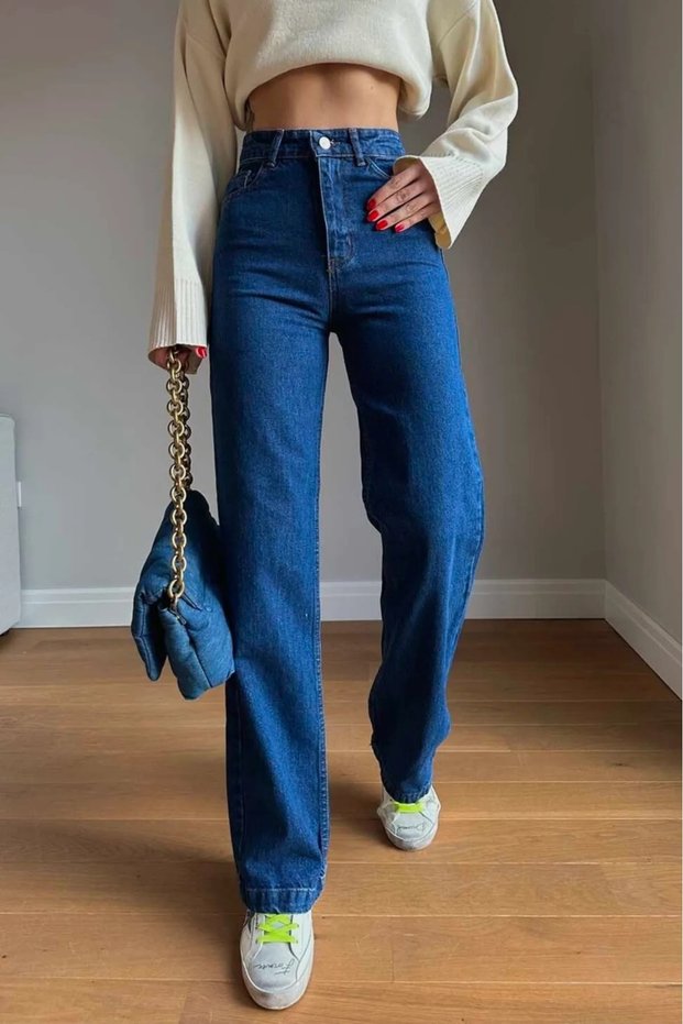 Vawes Mid Dark Blue Lycra Super High Waist Palazzo Loose Jean Trousers