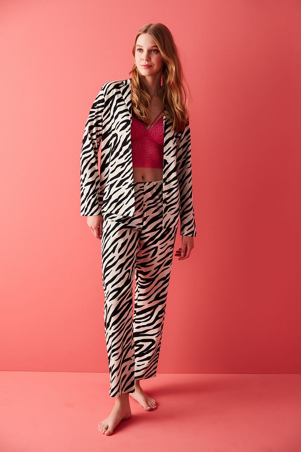 Gri Base Zebra Printed Gömlek Pijama Takımı - 4