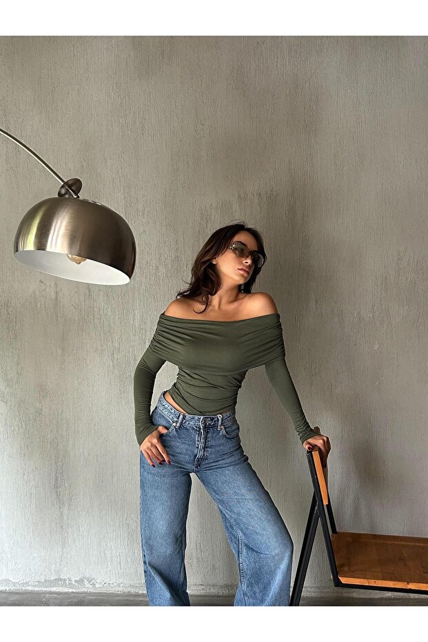 Women's Khaki Madonna Collar Lycra Viscose Long Sleeve Blouse 28218
